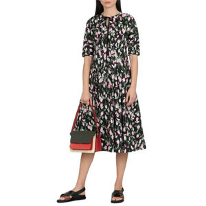 Marni Tulip Print Cotton Poplin Midi Dress 8 Pleated Bodice Flared A-Line Skirt